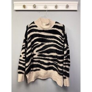 Twine and String Sweater Womens Medium Black Tan Zebra Mock Neck Fuzzy MFS1457